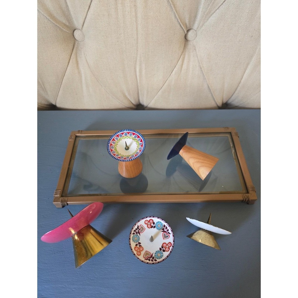 Mid Century Austrian Enamel Candle Holders Set 5 Tray Handmade Vintage Steinbock - Picture 6 of 6